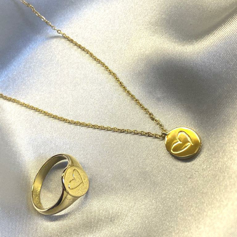 Gold plated, recycled brass, heart, Irish designed, From the Heart necklace with matching ring