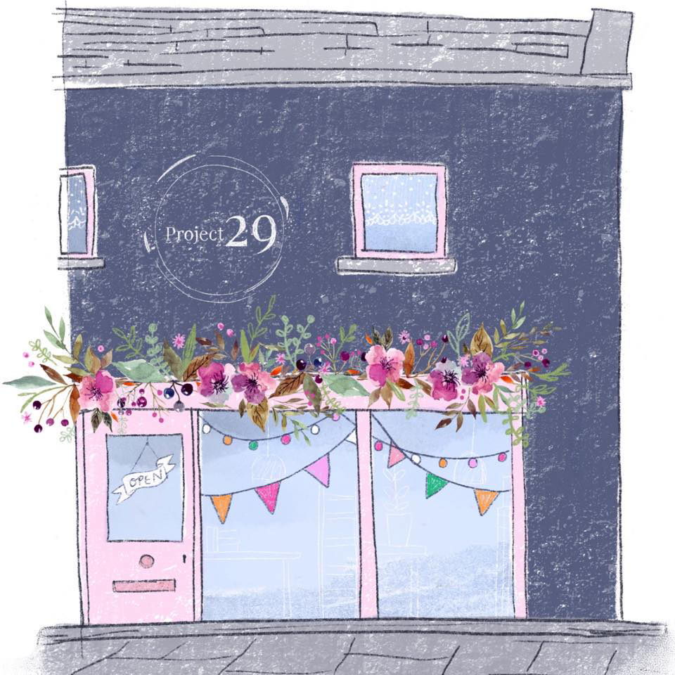 Shopfront sketch with floral bunting, window sign, and a circular logo reading Project 29