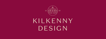 Kilkenny Design logo with a maroon background, white text and a small emblem above